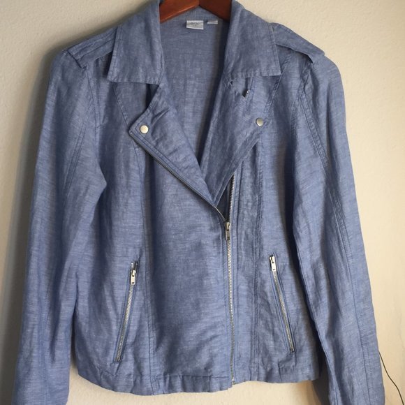 New York And Company Chambray Moto Jacket Light Blue Oversized Small - Picture 2 of 7